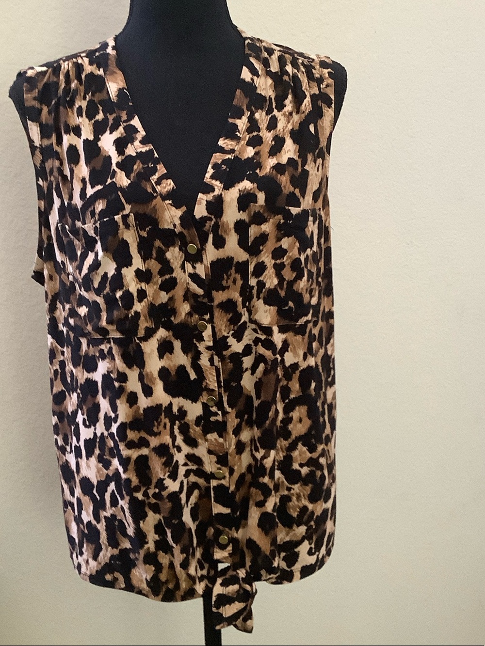 Thalia Sodi Leopard Print Tie-Front Sleeveless Blouse - Tan & Black